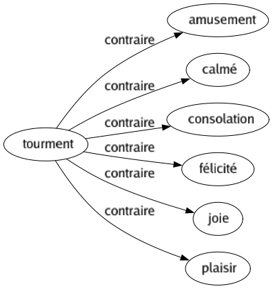 Contraire de Tourment : Amusement Calmé Consolation Félicité Joie Plaisir 