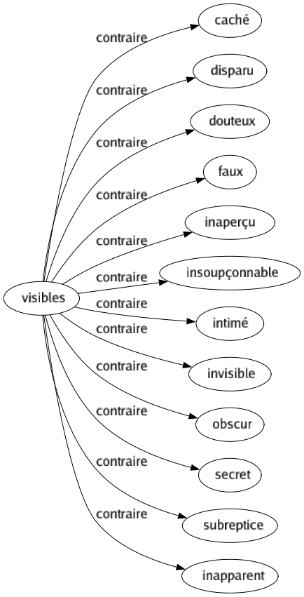 Contraire de Visibles : Caché Disparu Douteux Faux Inaperçu Insoupçonnable Intimé Invisible Obscur Secret Subreptice Inapparent 