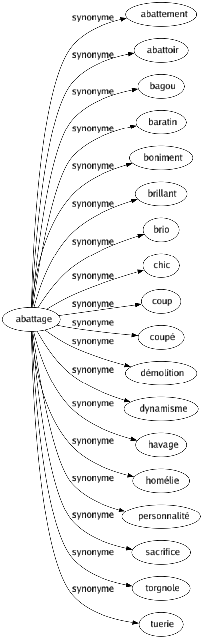 Synonyme de Abattage : Abattement Abattoir Bagou Baratin Boniment Brillant Brio Chic Coup Coupé Démolition Dynamisme Havage Homélie Personnalité Sacrifice Torgnole Tuerie 