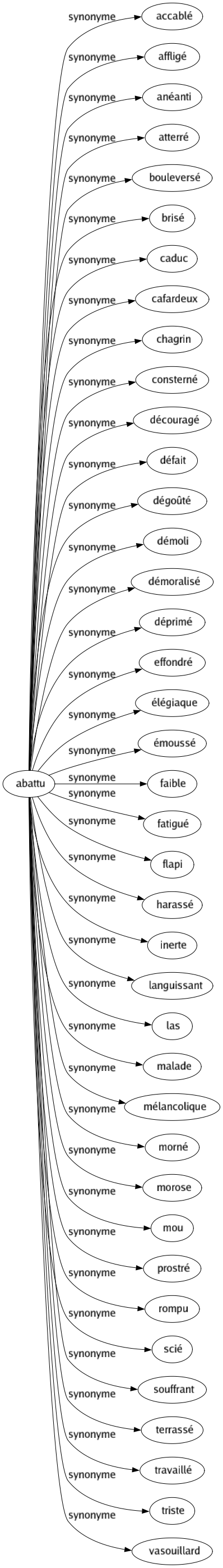 Synonyme de Abattu : Accablé Affligé Anéanti Atterré Bouleversé Brisé Caduc Cafardeux Chagrin Consterné Découragé Défait Dégoûté Démoli Démoralisé Déprimé Effondré Élégiaque Émoussé Faible Fatigué Flapi Harassé Inerte Languissant Las Malade Mélancolique Morné Morose Mou Prostré Rompu Scié Souffrant Terrassé Travaillé Triste Vasouillard 
