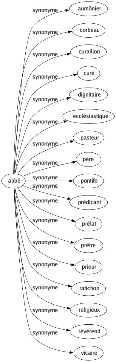 Synonyme de Abbé : Aumônier Corbeau Curaillon Curé Dignitaire Ecclésiastique Pasteur Père Pontife Prédicant Prélat Prêtre Prieur Ratichon Religieux Révérend Vicaire 