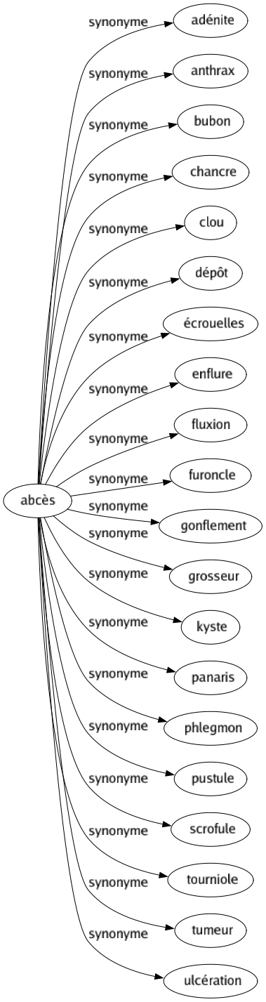 Synonyme de Abcès : Adénite Anthrax Bubon Chancre Clou Dépôt Écrouelles Enflure Fluxion Furoncle Gonflement Grosseur Kyste Panaris Phlegmon Pustule Scrofule Tourniole Tumeur Ulcération 