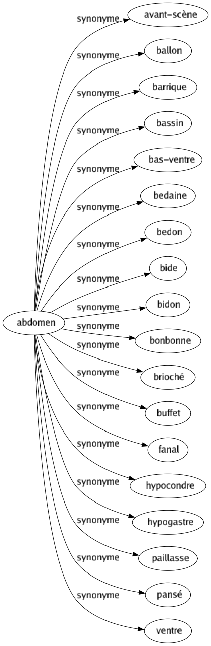 Synonyme de Abdomen : Avant-scène Ballon Barrique Bassin Bas-ventre Bedaine Bedon Bide Bidon Bonbonne Brioché Buffet Fanal Hypocondre Hypogastre Paillasse Pansé Ventre 
