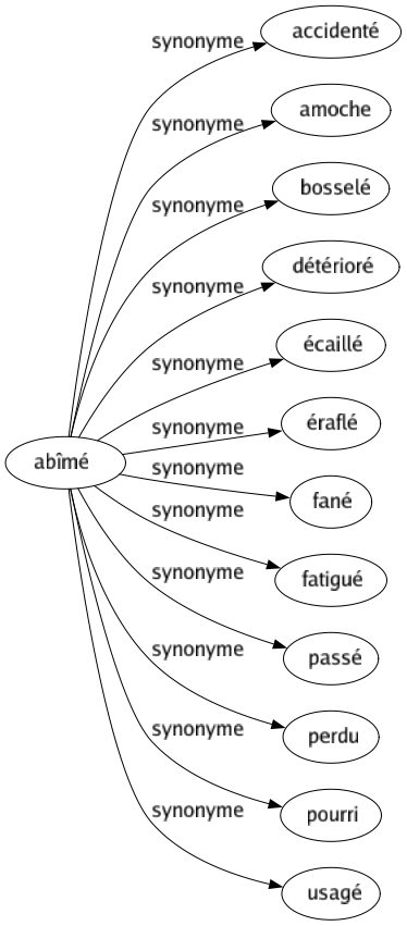 Synonyme de Abîmé : Accidenté Amoche Bosselé Détérioré Écaillé Éraflé Fané Fatigué Passé Perdu Pourri Usagé 
