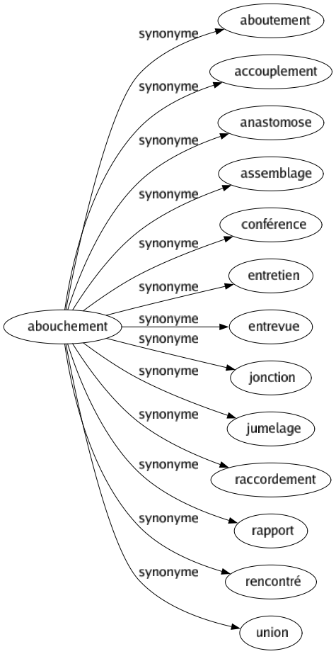 Synonyme de Abouchement : Aboutement Accouplement Anastomose Assemblage Conférence Entretien Entrevue Jonction Jumelage Raccordement Rapport Rencontré Union 