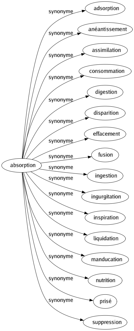 Synonyme de Absorption : Adsorption Anéantissement Assimilation Consommation Digestion Disparition Effacement Fusion Ingestion Ingurgitation Inspiration Liquidation Manducation Nutrition Prisé Suppression 