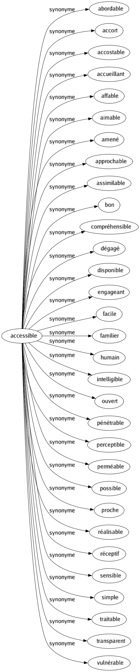 Synonyme de Accessible : Abordable Accort Accostable Accueillant Affable Aimable Amené Approchable Assimilable Bon Compréhensible Dégagé Disponible Engageant Facile Familier Humain Intelligible Ouvert Pénétrable Perceptible Perméable Possible Proche Réalisable Réceptif Sensible Simple Traitable Transparent Vulnérable 
