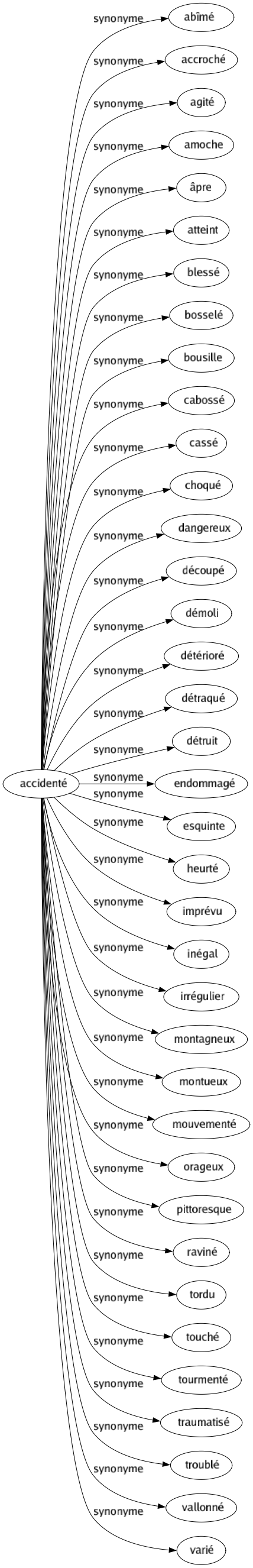 Synonyme de Accidenté : Abîmé Accroché Agité Amoche Âpre Atteint Blessé Bosselé Bousille Cabossé Cassé Choqué Dangereux Découpé Démoli Détérioré Détraqué Détruit Endommagé Esquinte Heurté Imprévu Inégal Irrégulier Montagneux Montueux Mouvementé Orageux Pittoresque Raviné Tordu Touché Tourmenté Traumatisé Troublé Vallonné Varié 