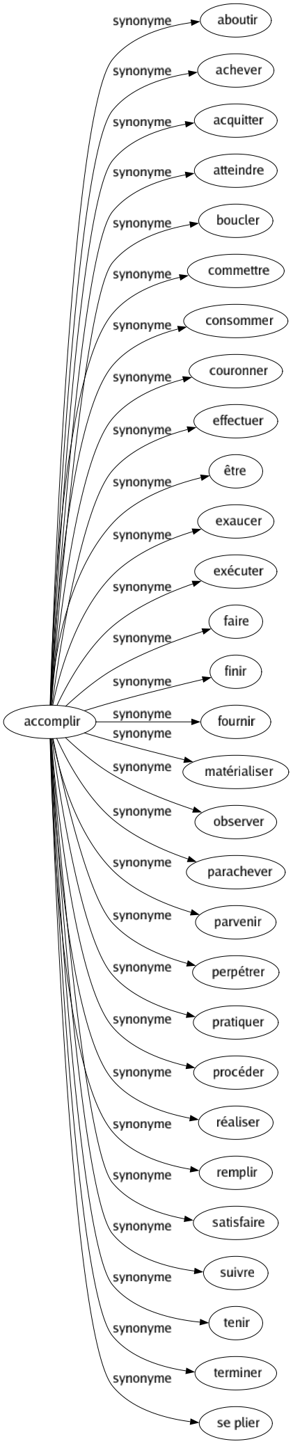 Synonyme de Accomplir : Aboutir Achever Acquitter Atteindre Boucler Commettre Consommer Couronner Effectuer Être Exaucer Exécuter Faire Finir Fournir Matérialiser Observer Parachever Parvenir Perpétrer Pratiquer Procéder Réaliser Remplir Satisfaire Suivre Tenir Terminer Se plier 