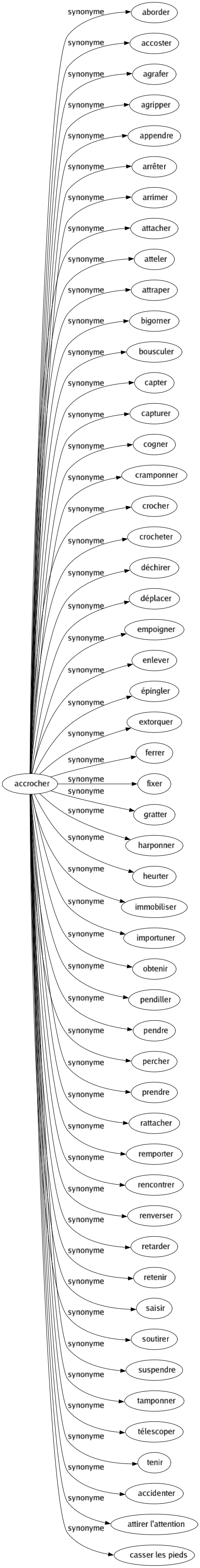 Synonyme de Accrocher : Aborder Accoster Agrafer Agripper Appendre Arrêter Arrimer Attacher Atteler Attraper Bigorner Bousculer Capter Capturer Cogner Cramponner Crocher Crocheter Déchirer Déplacer Empoigner Enlever Épingler Extorquer Ferrer Fixer Gratter Harponner Heurter Immobiliser Importuner Obtenir Pendiller Pendre Percher Prendre Rattacher Remporter Rencontrer Renverser Retarder Retenir Saisir Soutirer Suspendre Tamponner Télescoper Tenir Accidenter Attirer l'attention Casser les pieds 