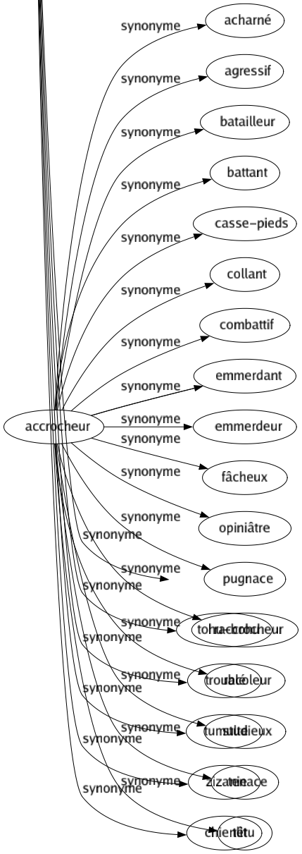Synonyme de Accrocheur : Acharné Agressif Batailleur Battant Casse-pieds Collant Combattif Emmerdant Emmerdeur Fâcheux Opiniâtre Pugnace Raccrocheur Racoleur Studieux Tenace Têtu 