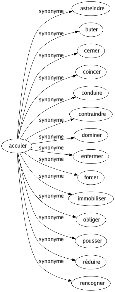 Synonyme de Acculer : Astreindre Buter Cerner Coincer Conduire Contraindre Dominer Enfermer Forcer Immobiliser Obliger Pousser Réduire Rencogner 