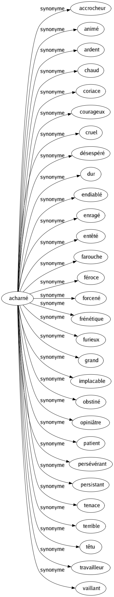 Synonyme de Acharné : Accrocheur Animé Ardent Chaud Coriace Courageux Cruel Désespéré Dur Endiablé Enragé Entêté Farouche Féroce Forcené Frénétique Furieux Grand Implacable Obstiné Opiniâtre Patient Persévérant Persistant Tenace Terrible Têtu Travailleur Vaillant 