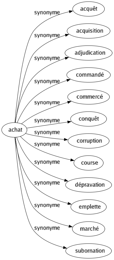 Synonyme de Achat : Acquêt Acquisition Adjudication Commandé Commercé Conquêt Corruption Course Dépravation Emplette Marché Subornation 