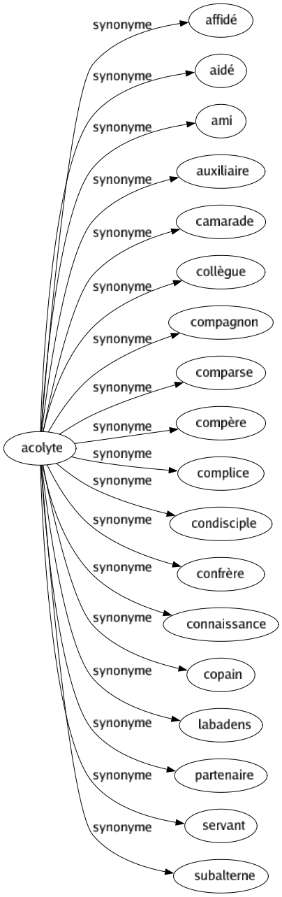 Synonyme de Acolyte : Affidé Aidé Ami Auxiliaire Camarade Collègue Compagnon Comparse Compère Complice Condisciple Confrère Connaissance Copain Labadens Partenaire Servant Subalterne 