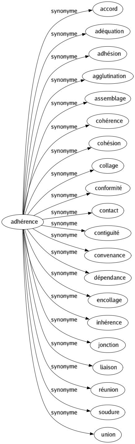 Synonyme de Adhérence : Accord Adéquation Adhésion Agglutination Assemblage Cohérence Cohésion Collage Conformité Contact Contiguïté Convenance Dépendance Encollage Inhérence Jonction Liaison Réunion Soudure Union 