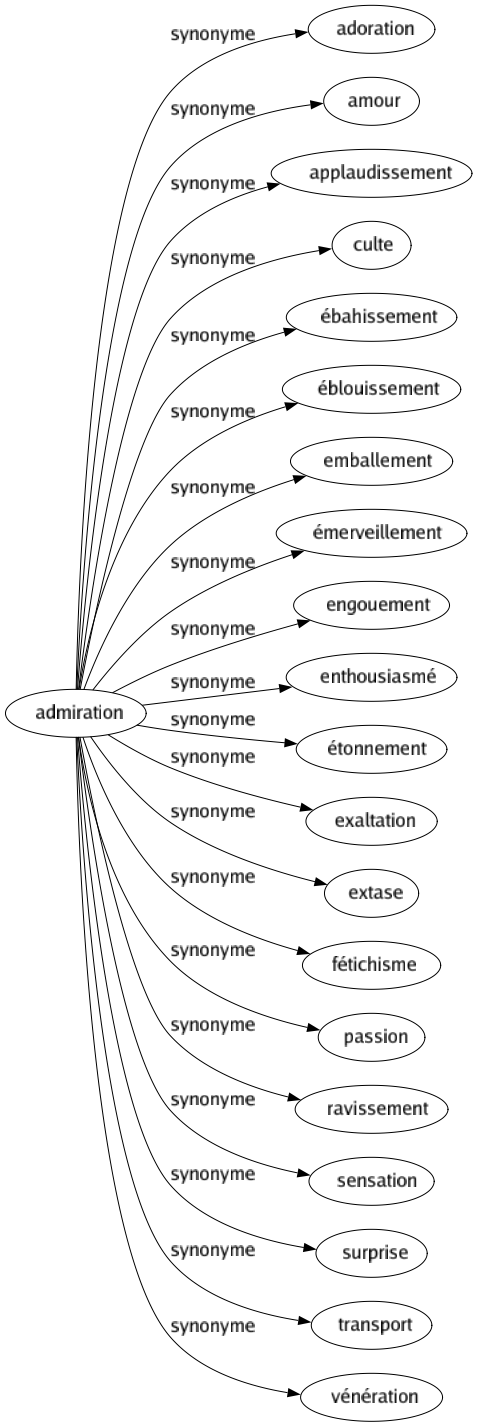 Synonyme de Admiration : Adoration Amour Applaudissement Culte Ébahissement Éblouissement Emballement Émerveillement Engouement Enthousiasmé Étonnement Exaltation Extase Fétichisme Passion Ravissement Sensation Surprise Transport Vénération 