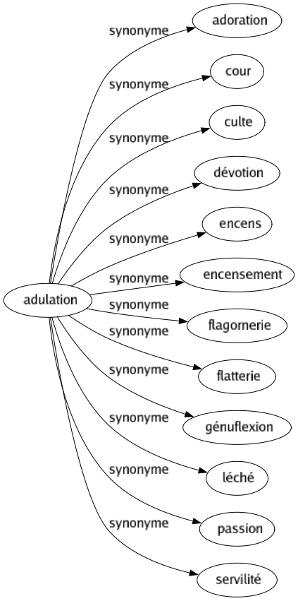 Synonyme de Adulation : Adoration Cour Culte Dévotion Encens Encensement Flagornerie Flatterie Génuflexion Léché Passion Servilité 