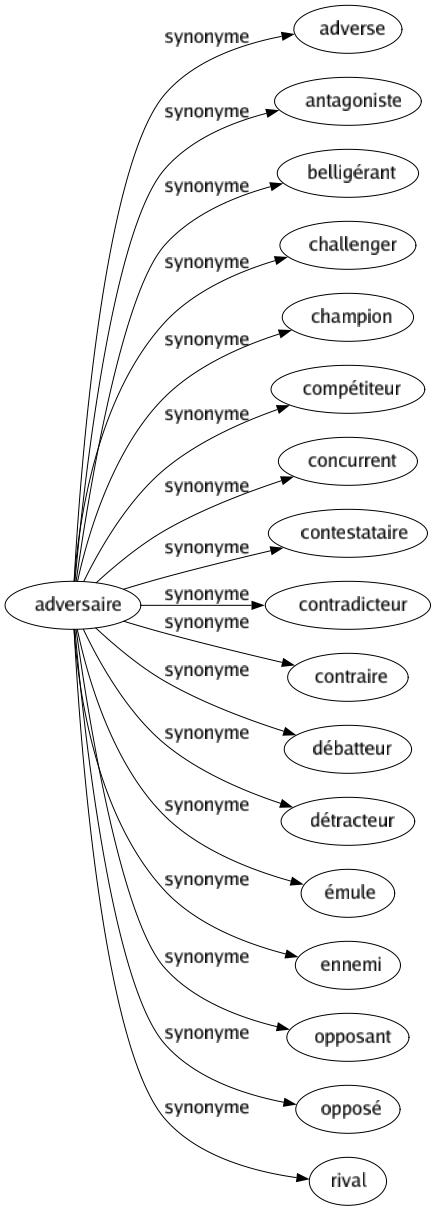 Synonyme de Adversaire : Adverse Antagoniste Belligérant Challenger Champion Compétiteur Concurrent Contestataire Contradicteur Contraire Débatteur Détracteur Émule Ennemi Opposant Opposé Rival 