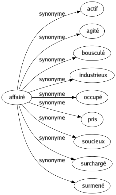 Synonyme de Affairé : Actif Agité Bousculé Industrieux Occupé Pris Soucieux Surchargé Surmené 