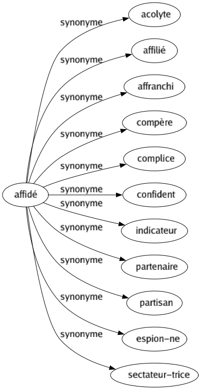 Synonyme de Affidé : Acolyte Affilié Affranchi Compère Complice Confident Indicateur Partenaire Partisan Espion-ne Sectateur-trice 
