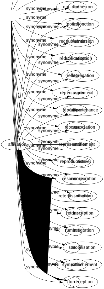 Synonyme de Affiliation : Adhésion Adjonction Admission Adoption Agrégation Agrément Appartenance Association Enrôlement Entrée Incorporation Initiation Inscription Intégration Mobilisation Rattachement Réception 