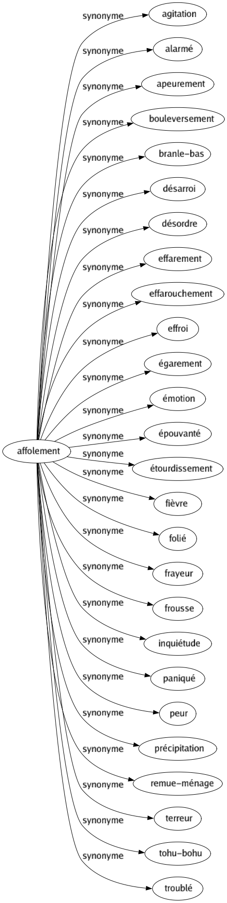 Synonyme de Affolement : Agitation Alarmé Apeurement Bouleversement Branle-bas Désarroi Désordre Effarement Effarouchement Effroi Égarement Émotion Épouvanté Étourdissement Fièvre Folié Frayeur Frousse Inquiétude Paniqué Peur Précipitation Remue-ménage Terreur Tohu-bohu Troublé 