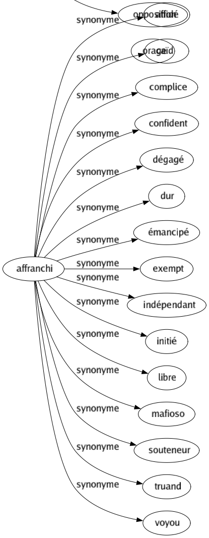 Synonyme de Affranchi : Affidé Caïd Complice Confident Dégagé Dur Émancipé Exempt Indépendant Initié Libre Mafioso Souteneur Truand Voyou 
