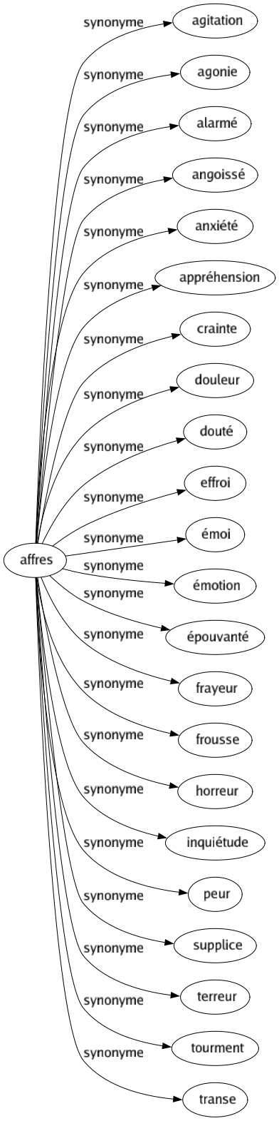 Synonyme de Affres : Agitation Agonie Alarmé Angoissé Anxiété Appréhension Crainte Douleur Douté Effroi Émoi Émotion Épouvanté Frayeur Frousse Horreur Inquiétude Peur Supplice Terreur Tourment Transe 