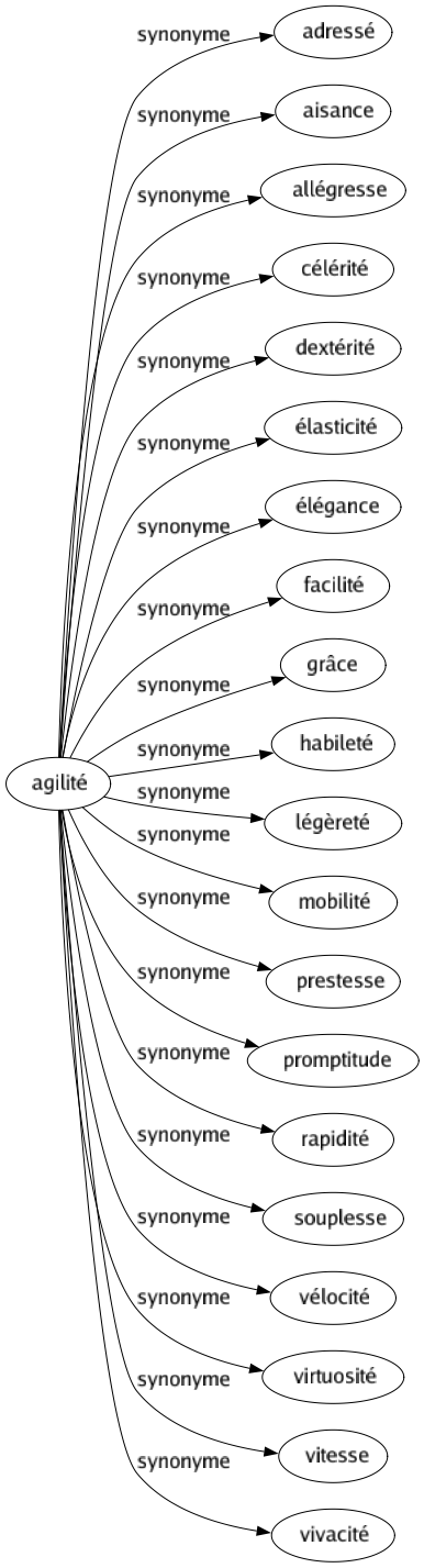 Synonyme de Agilité : Adressé Aisance Allégresse Célérité Dextérité Élasticité Élégance Facilité Grâce Habileté Légèreté Mobilité Prestesse Promptitude Rapidité Souplesse Vélocité Virtuosité Vitesse Vivacité 