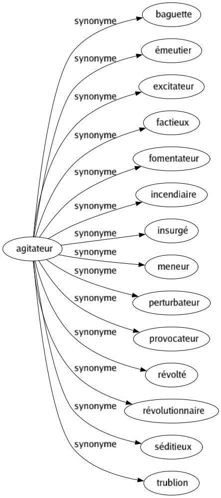 Synonyme de Agitateur : Baguette Émeutier Excitateur Factieux Fomentateur Incendiaire Insurgé Meneur Perturbateur Provocateur Révolté Révolutionnaire Séditieux Trublion 