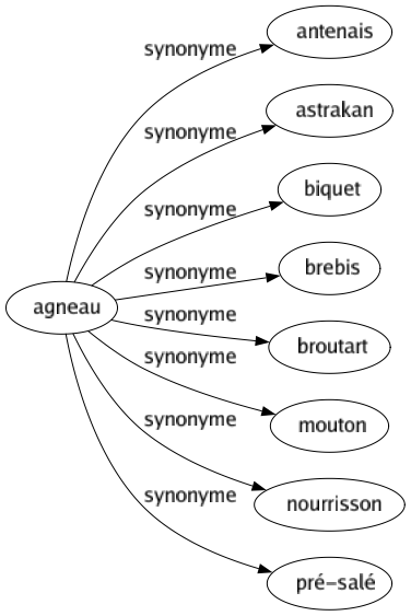 Synonyme de Agneau : Antenais Astrakan Biquet Brebis Broutart Mouton Nourrisson Pré-salé 