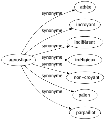 Synonyme de Agnostique : Athée Incroyant Indiffèrent Irréligieux Non-croyant Païen Parpaillot 
