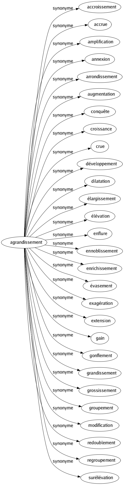 Synonyme de Agrandissement : Accroissement Accrue Amplification Annexion Arrondissement Augmentation Conquête Croissance Crue Développement Dilatation Élargissement Élévation Enflure Ennoblissement Enrichissement Évasement Exagération Extension Gain Gonflement Grandissement Grossissement Groupement Modification Redoublement Regroupement Surélévation 