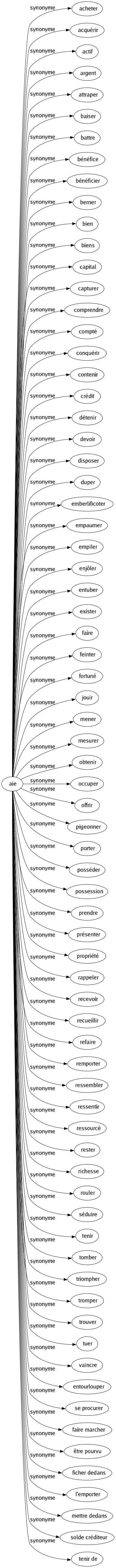 Synonyme de Aie : Acheter Acquérir Actif Argent Attraper Baiser Battre Bénéfice Bénéficier Berner Bien Biens Capital Capturer Comprendre Compté Conquérir Contenir Crédit Détenir Devoir Disposer Duper Emberlificoter Empaumer Empiler Enjôler Entuber Exister Faire Feinter Fortuné Jouir Mener Mesurer Obtenir Occuper Offrir Pigeonner Porter Posséder Possession Prendre Présenter Propriété Rappeler Recevoir Recueillir Refaire Remporter Ressembler Ressentir Ressourcé Rester Richesse Rouler Séduire Tenir Tomber Triompher Tromper Trouver Tuer Vaincre Entourlouper Se procurer Faire marcher Être pourvu Ficher dedans L'emporter Mettre dedans Solde créditeur Tenir de 