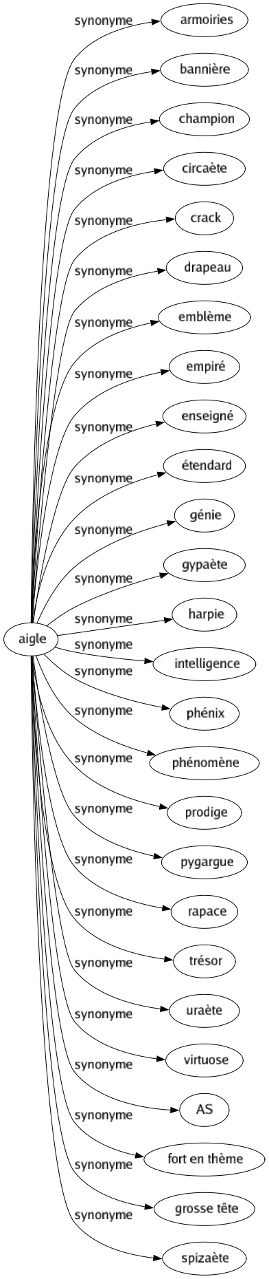 Synonyme de Aigle : Armoiries Bannière Champion Circaète Crack Drapeau Emblème Empiré Enseigné Étendard Génie Gypaète Harpie Intelligence Phénix Phénomène Prodige Pygargue Rapace Trésor Uraète Virtuose As Fort en thème Grosse tête Spizaète 