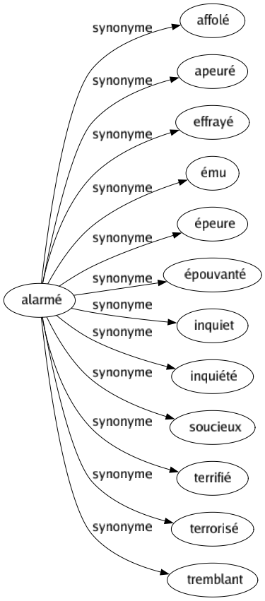 Synonyme de Alarmé : Affolé Apeuré Effrayé Ému Épeure Épouvanté Inquiet Inquiété Soucieux Terrifié Terrorisé Tremblant 