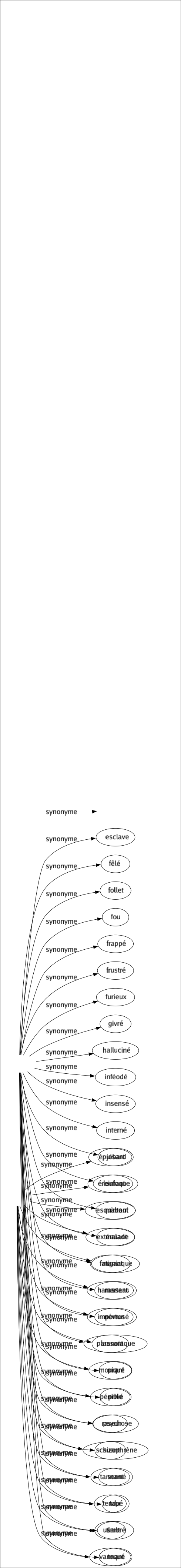 Synonyme de Aliéné : Assujetti Bizarre Braqué Cinglé Dément Désaxé Déséquilibré Détraqué Dingo Dingue Esclave Fêlé Follet Fou Frappé Frustré Furieux Givré Halluciné Inféodé Insensé Interné Jobard Loufoque Maboul Malade Maniaque Marteau Névrosé Paranoïaque Piqué Privé Psychose Schizophrène Sonné Tapé Timbré Toqué 
