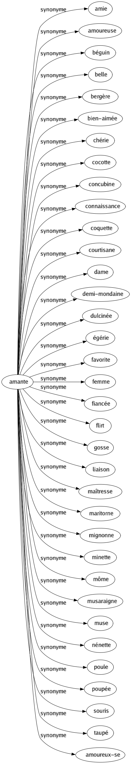 Synonyme de Amante : Amie Amoureuse Béguin Belle Bergère Bien-aimée Chérie Cocotte Concubine Connaissance Coquette Courtisane Dame Demi-mondaine Dulcinée Égérie Favorite Femme Fiancée Flirt Gosse Liaison Maîtresse Maritorne Mignonne Minette Môme Musaraigne Muse Nénette Poule Poupée Souris Taupé Amoureux-se 