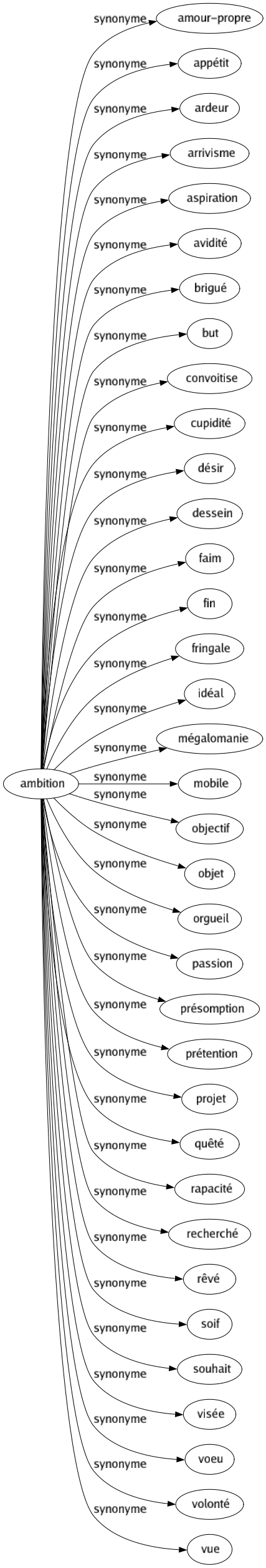 Synonyme de Ambition : Amour-propre Appétit Ardeur Arrivisme Aspiration Avidité Brigué But Convoitise Cupidité Désir Dessein Faim Fin Fringale Idéal Mégalomanie Mobile Objectif Objet Orgueil Passion Présomption Prétention Projet Quêté Rapacité Recherché Rêvé Soif Souhait Visée Voeu Volonté Vue 