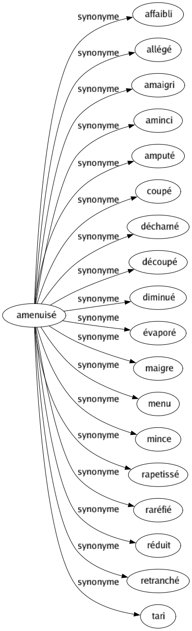 Synonyme de Amenuisé : Affaibli Allégé Amaigri Aminci Amputé Coupé Décharné Découpé Diminué Évaporé Maigre Menu Mince Rapetissé Raréfié Réduit Retranché Tari 