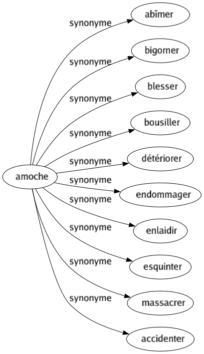 Synonyme de Amoche : Abîmer Bigorner Blesser Bousiller Détériorer Endommager Enlaidir Esquinter Massacrer Accidenter 