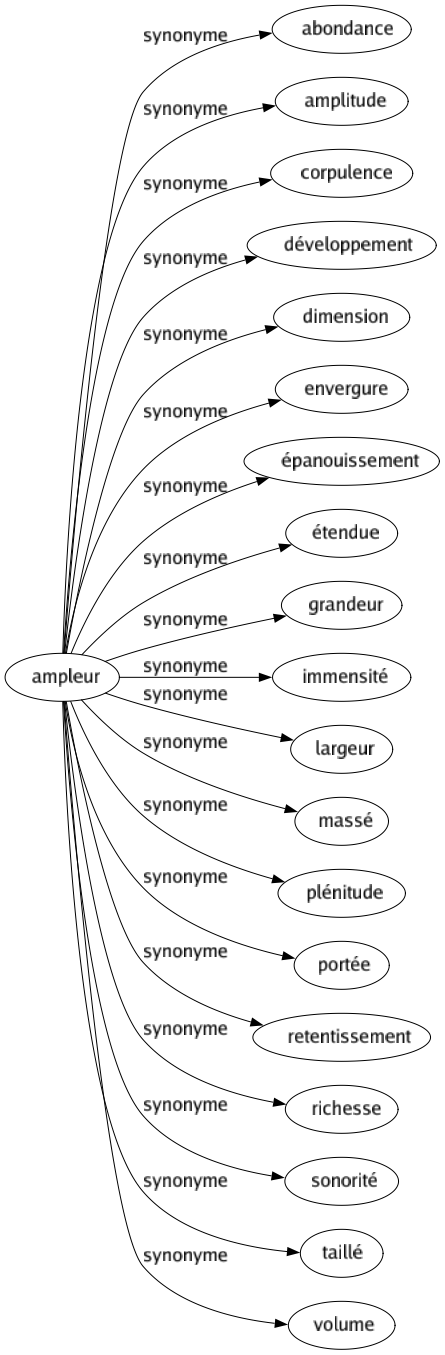 Synonyme de Ampleur : Abondance Amplitude Corpulence Développement Dimension Envergure Épanouissement Étendue Grandeur Immensité Largeur Massé Plénitude Portée Retentissement Richesse Sonorité Taillé Volume 