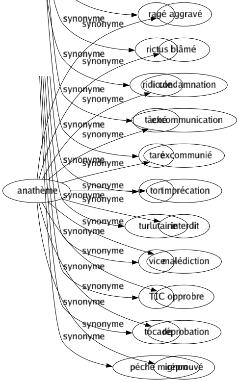 Synonyme de Anathème : Aggravé Blâmé Condamnation Excommunication Excommunié Imprécation Interdit Malédiction Opprobre Réprobation Réprouvé 