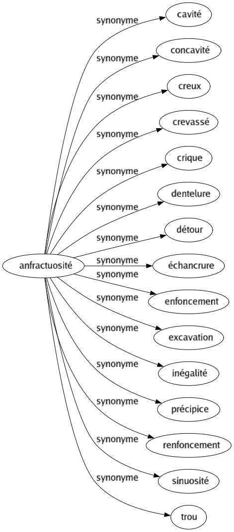 Synonyme de Anfractuosité : Cavité Concavité Creux Crevassé Crique Dentelure Détour Échancrure Enfoncement Excavation Inégalité Précipice Renfoncement Sinuosité Trou 