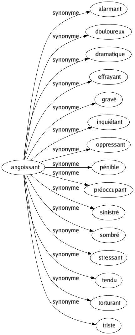 Synonyme de Angoissant : Alarmant Douloureux Dramatique Effrayant Gravé Inquiétant Oppressant Pénible Préoccupant Sinistré Sombré Stressant Tendu Torturant Triste 