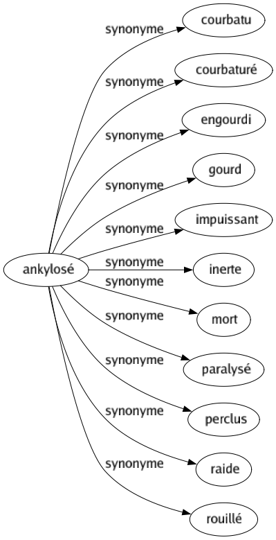 Synonyme de Ankylosé : Courbatu Courbaturé Engourdi Gourd Impuissant Inerte Mort Paralysé Perclus Raide Rouillé 