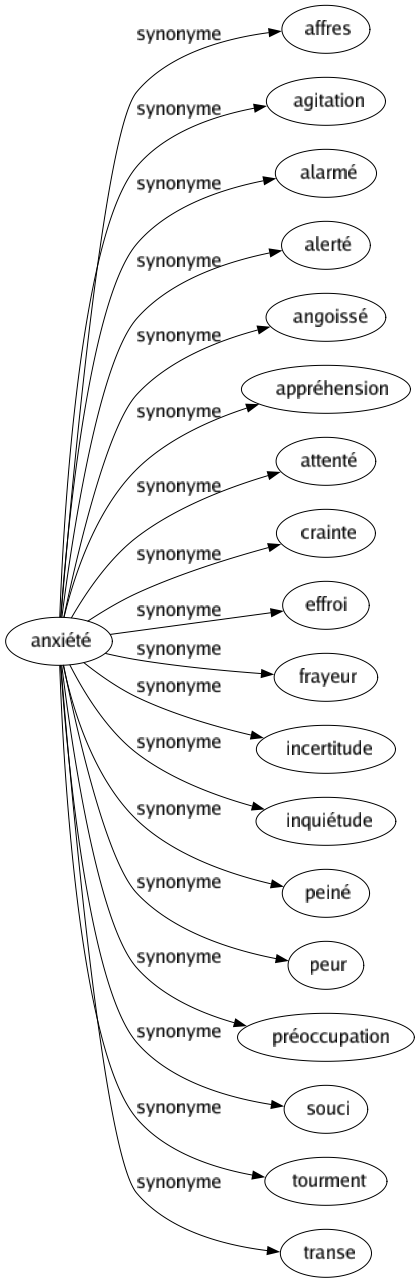 Synonyme de Anxiété : Affres Agitation Alarmé Alerté Angoissé Appréhension Attenté Crainte Effroi Frayeur Incertitude Inquiétude Peiné Peur Préoccupation Souci Tourment Transe 