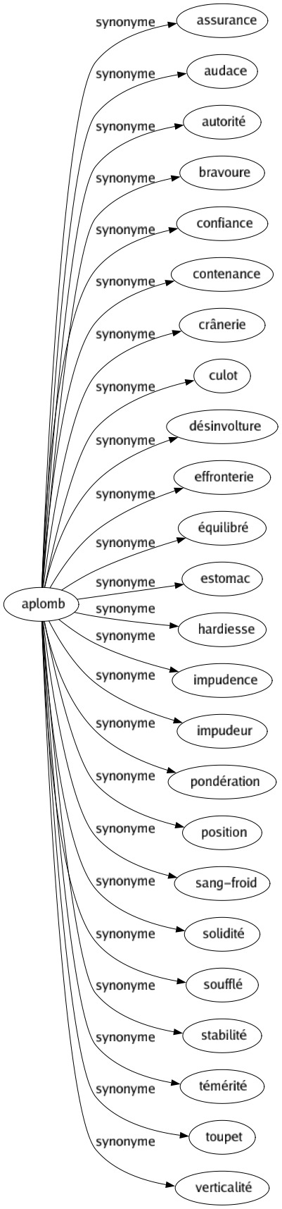 Synonyme de Aplomb : Assurance Audace Autorité Bravoure Confiance Contenance Crânerie Culot Désinvolture Effronterie Équilibré Estomac Hardiesse Impudence Impudeur Pondération Position Sang-froid Solidité Soufflé Stabilité Témérité Toupet Verticalité 