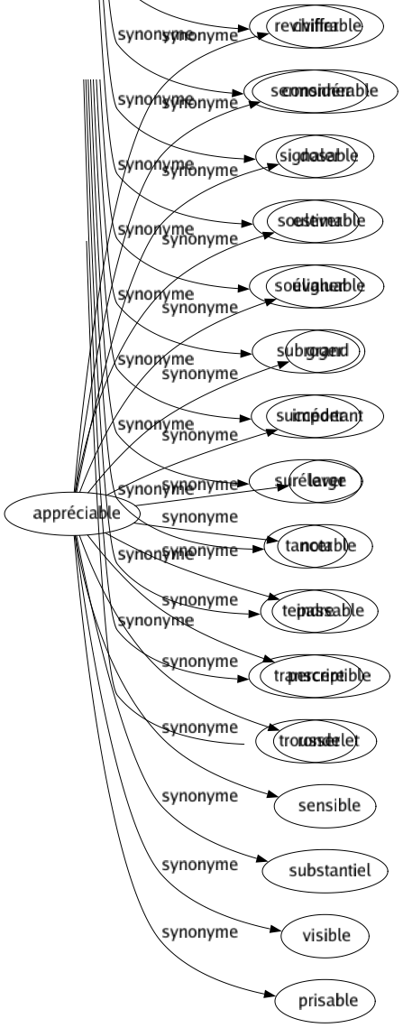 Synonyme de Appréciable : Chiffrable Considérable Dosable Estimable Évaluable Grand Important Large Notable Passable Perceptible Rondelet Sensible Substantiel Visible Prisable 